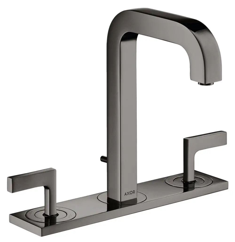 Waschtischarmatur mit zwei Hebelgriffen und hohem Auslauf, montiert auf einer flachen Basis. Ausführung in Polished Black Chrome, markiert mit "AXOR".